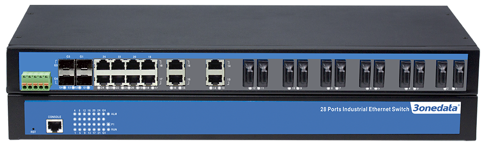 IES1028 Series 28 Port Unmanaged Industrial Ethernet Switch Four Gigabit SFP Slots 24 100M Copper/Fiber Ports -40~75℃ Wide Temperature 100~240VAC/DC for Smart Grid Rail Transit Renewable Energy