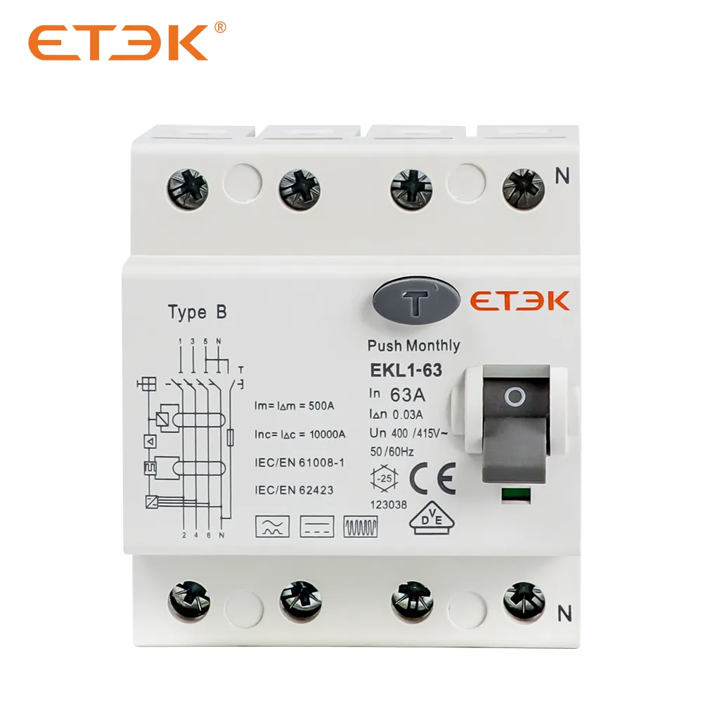 EKL1-63B Din Rail 10kA Type B RCCB RCD Residual Current Breaker 25-63A EV Charging Pile Protection