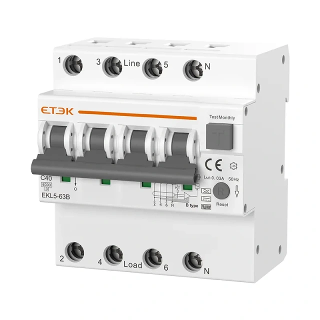 EKL5-63B Type B Residual Current Operated Circuit Breaker 63A 30-300mA for EV Charging and Solar PV Systems ETEK