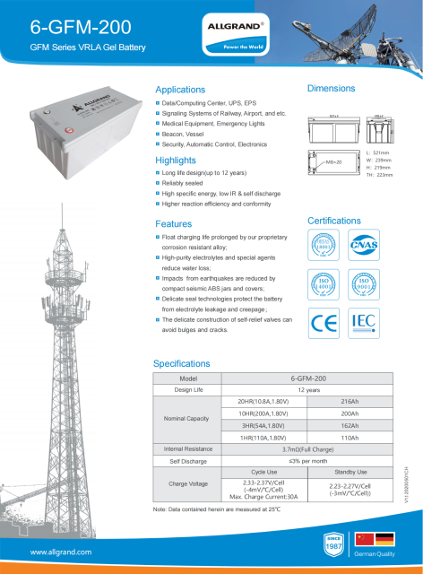 6-GFM-200 Long Life Up to 12 Years High Specific Energy for UPS EPS and Medical Equipment Allgrand
