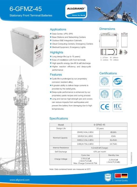 6-GFMZ-45 Long Life Up to 10 Years High Energy Low Self-Discharge Data Center UPS EPS Enaguan