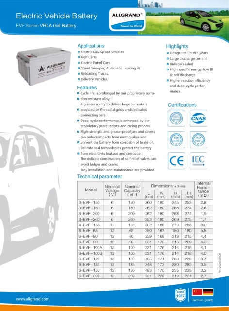 4-EVFJ-150 Deep-Cycle High Energy Battery for Electric Low Speed Vehicles and Golf Carts