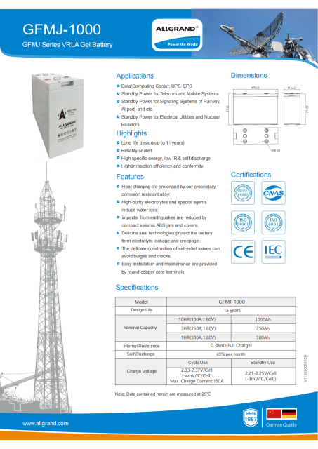 GFMJ-1000 Long Life High Reliability Battery for Telecom, UPS, and Power Backup Systems