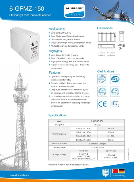 6-GFMZ-150 Long Life Cycle, Low Self-Discharge Valve Regulated Lead Acid Battery for UPS, Data Centers, Base Stations