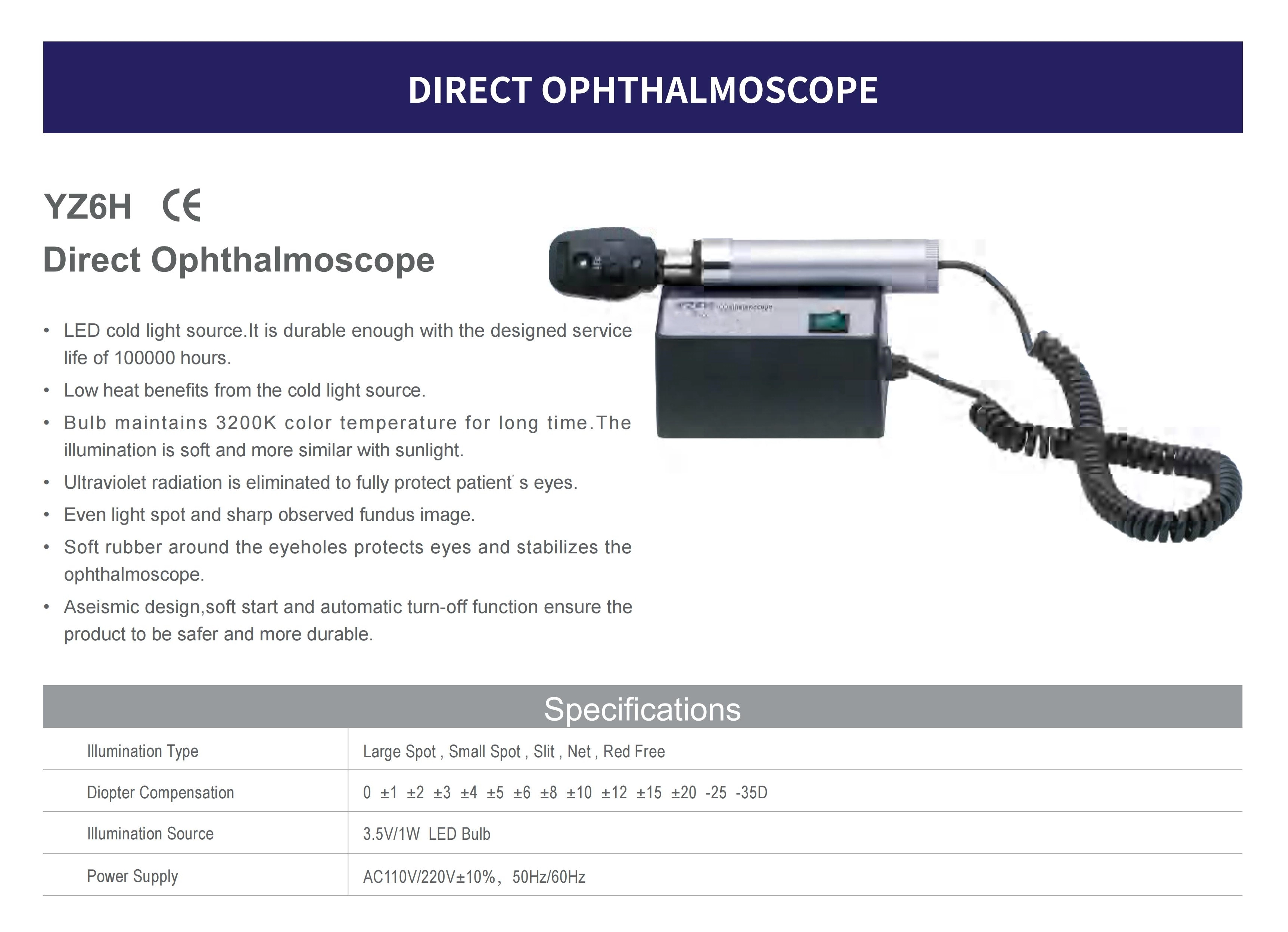 Direct Ophthalmoscope YZ6H LED Portable Ophthalmoscope Ophthalmic Equipment CE ISO13485 Approved
