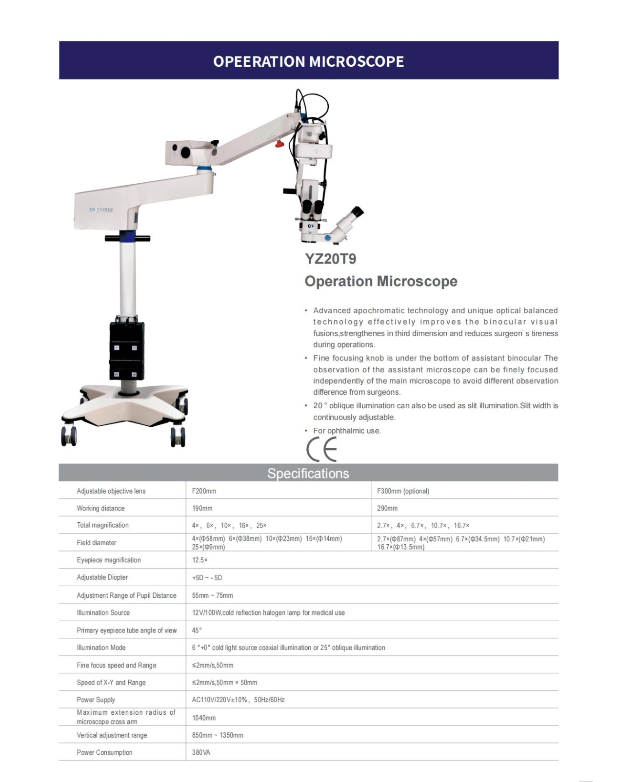 Ophthalmic Operation Microscope YZ20T9 Hot sale surgical optical ENT surgical Operation Microscope
