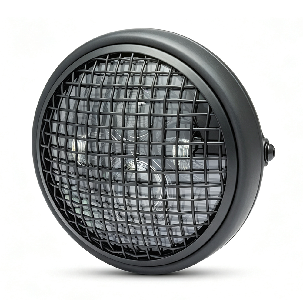 Retro 7.6" LED Cafe Racer Headlight with Metal Grill High Low Beam H4 Round Motorcycle Headlamp