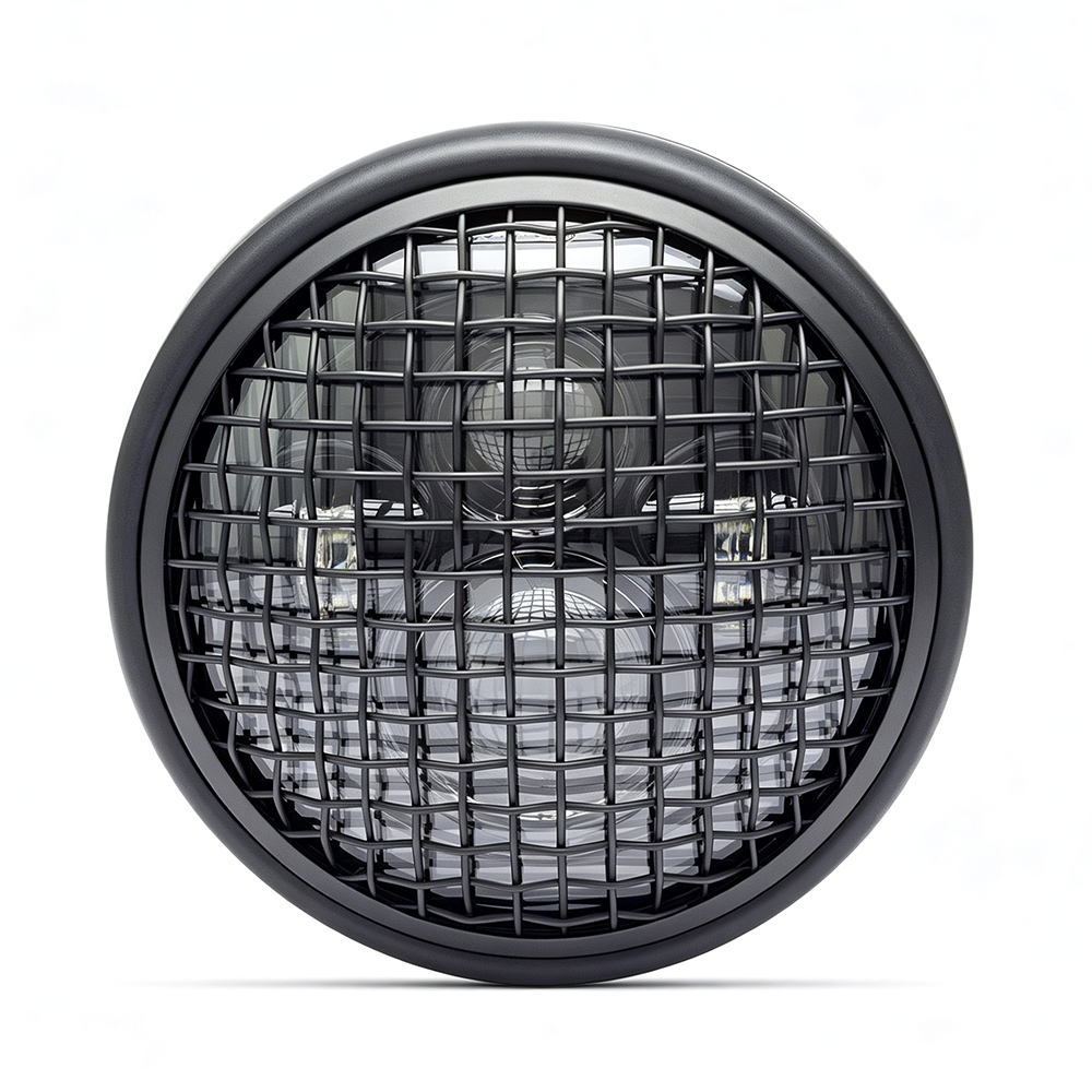 Retro 7.6" LED Cafe Racer Headlight with Metal Grill High Low Beam H4 Round Motorcycle Headlamp