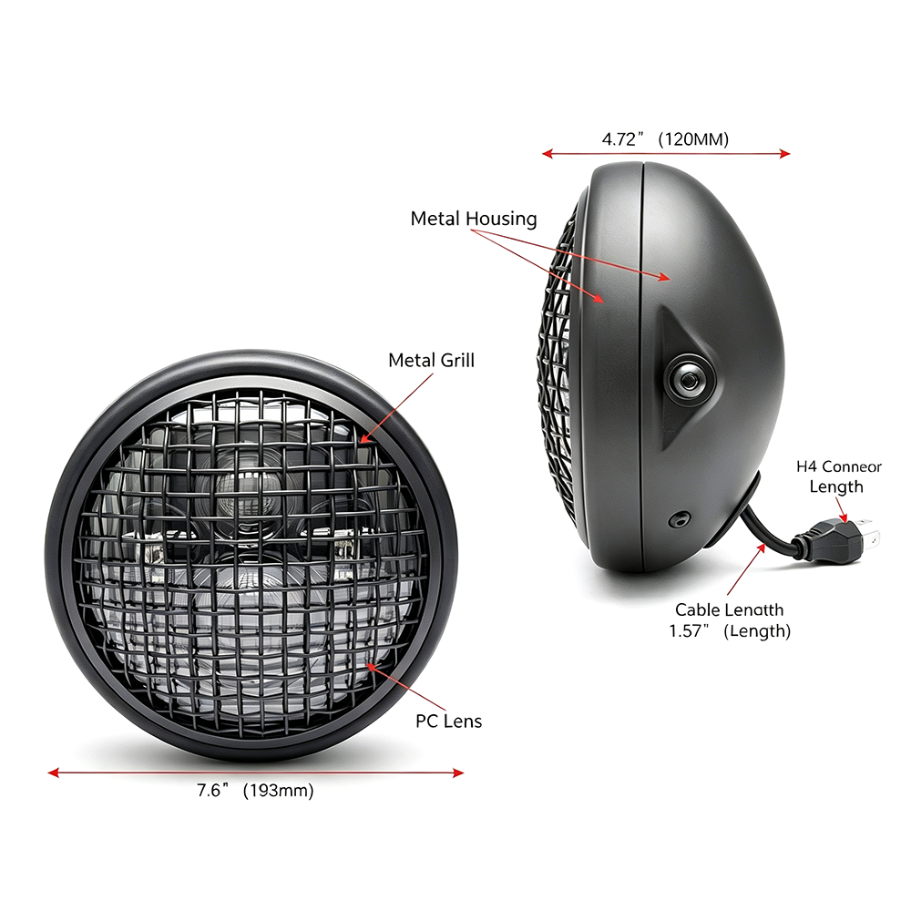 Retro 7.6" LED Cafe Racer Headlight with Metal Grill High Low Beam H4 Round Motorcycle Headlamp