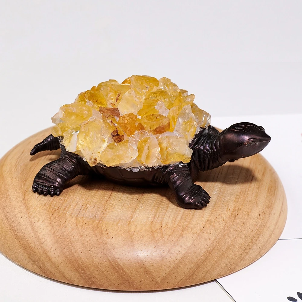 1PC Natural Citrine Flower Cluster Amethyst Quartz Carved Turtle Animal Statue Energy Gem Home Decoration