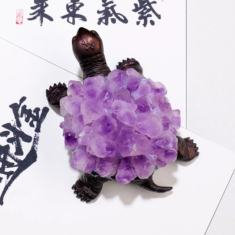 1PC Natural Citrine Flower Cluster Amethyst Quartz Carved Turtle Animal Statue Energy Gem Home Decoration