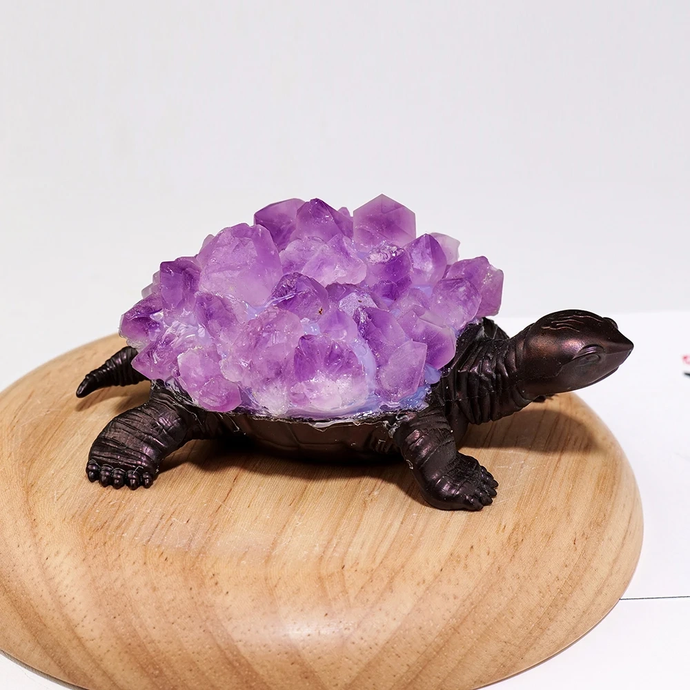 1PC Natural Citrine Flower Cluster Amethyst Quartz Carved Turtle Animal Statue Energy Gem Home Decoration