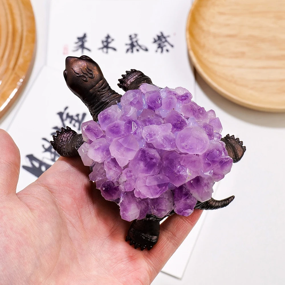 1PC Natural Citrine Flower Cluster Amethyst Quartz Carved Turtle Animal Statue Energy Gem Home Decoration