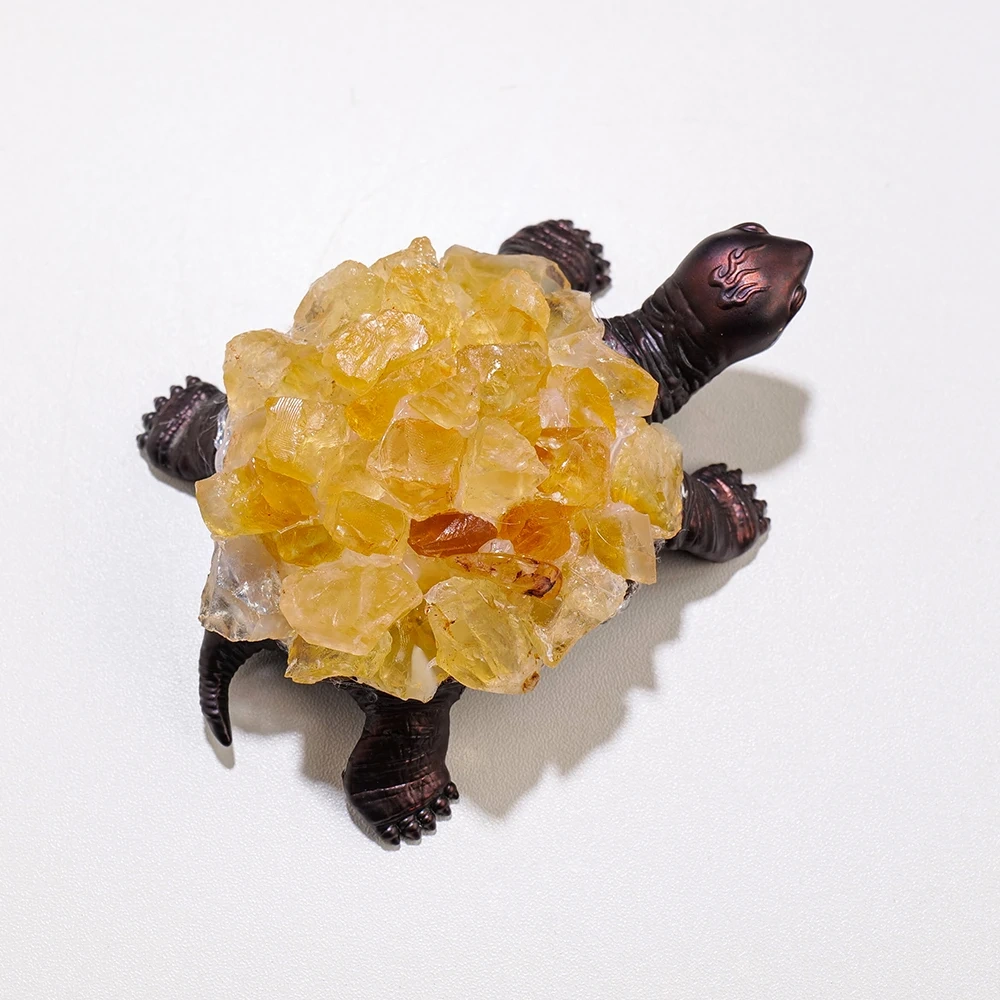 1PC Natural Citrine Flower Cluster Amethyst Quartz Carved Turtle Animal Statue Energy Gem Home Decoration