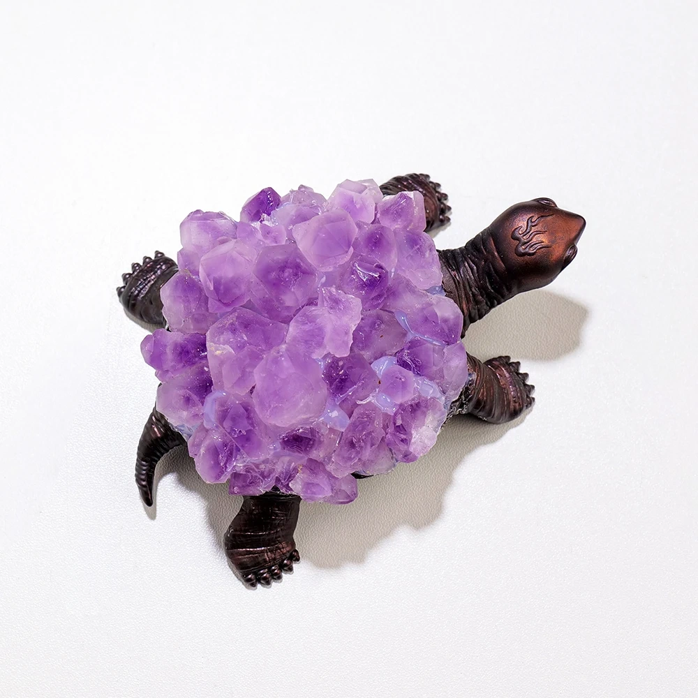 1PC Natural Citrine Flower Cluster Amethyst Quartz Carved Turtle Animal Statue Energy Gem Home Decoration