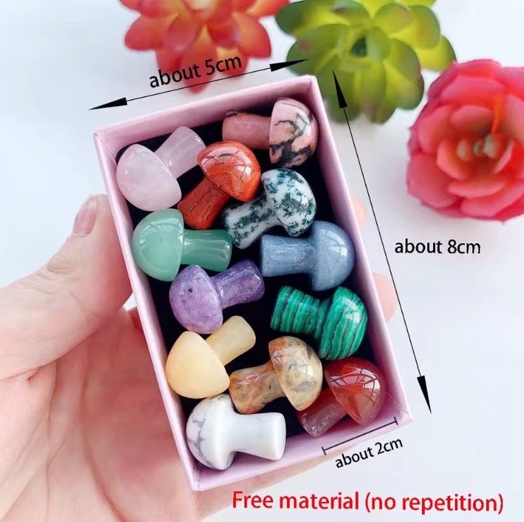12PC Natural Crystal Mini Mushroom Gift Box Energy Quartz Gem Decorative Mineral Collection Gift