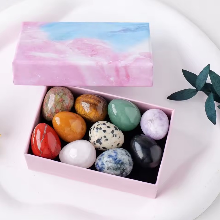 10PCS Natural Crystal Mini Egg Box Crystal Raw Stone Jade Easter Egg Set Christmas Decorative Gift Box