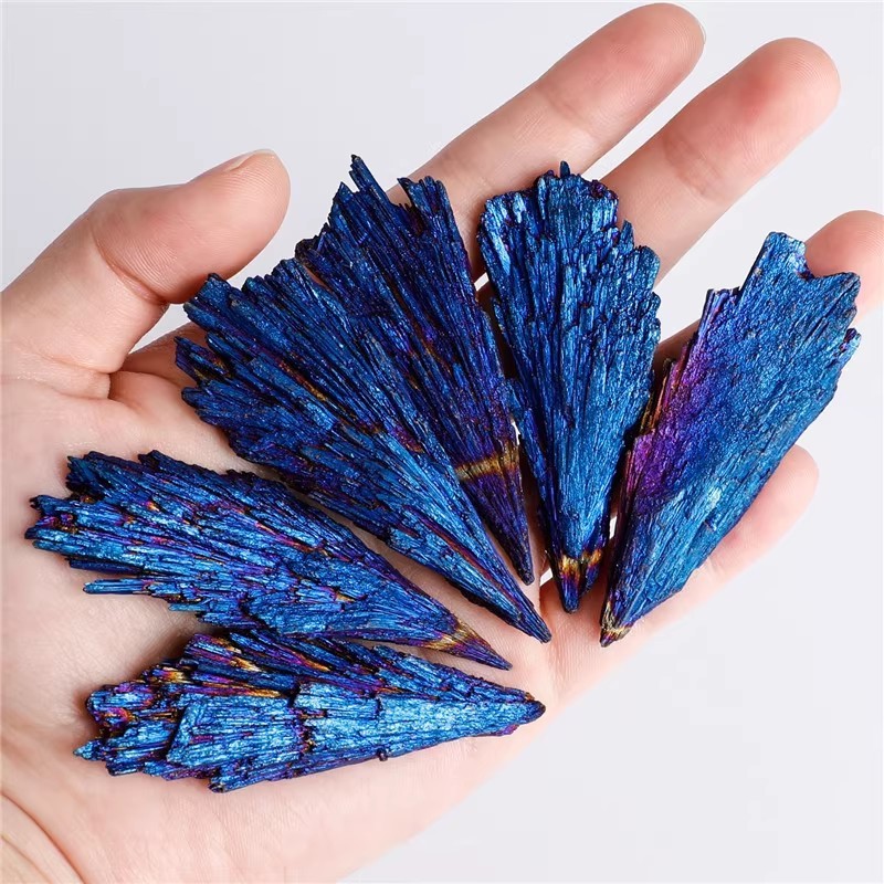 1pc Electroplating natural black tourmaline peacock blue flame feather rainbow crystal cluster