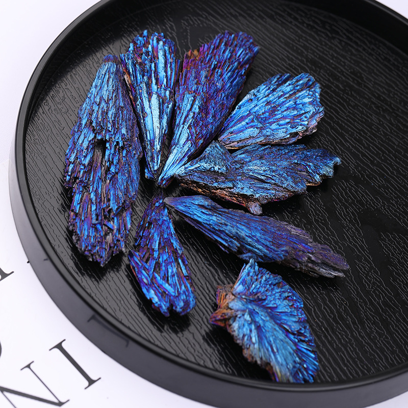 1pc Electroplating natural black tourmaline peacock blue flame feather rainbow crystal cluster