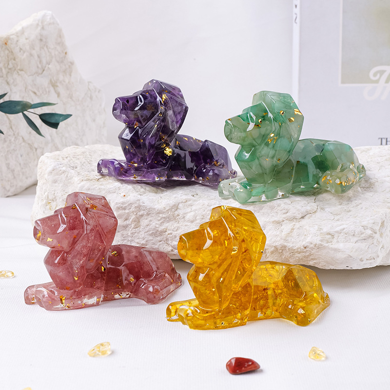 1PC Natural Crystal Macadam Resin Epoxy Lion Loveliness Animal Statue Office Table Decoration Lion Decoration Home Gift