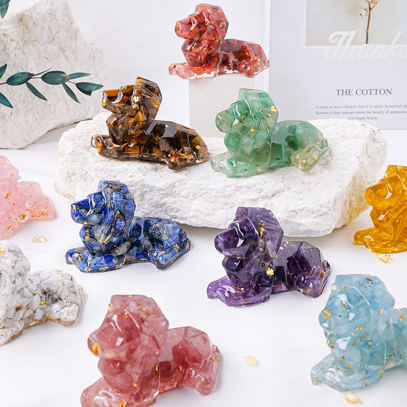 1PC Natural Crystal Macadam Resin Epoxy Lion Loveliness Animal Statue Office Table Decoration Lion Decoration Home Gift