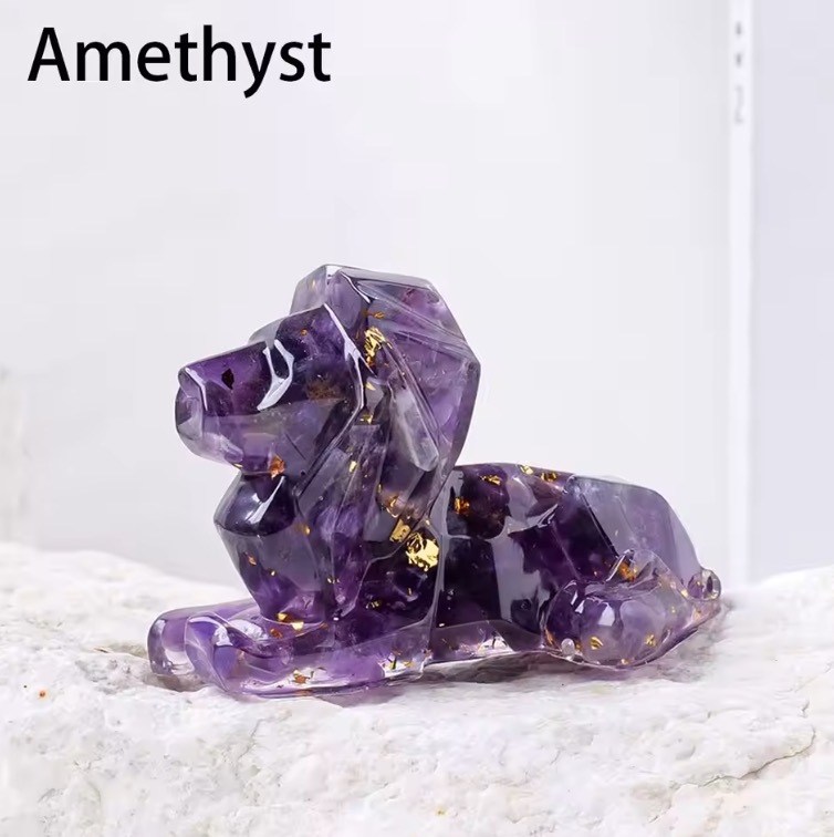 1PC Natural Crystal Macadam Resin Epoxy Lion Loveliness Animal Statue Office Table Decoration Lion Decoration Home Gift