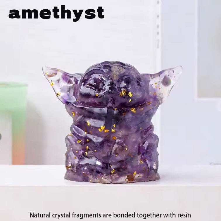 Natural Crystal Yoda Statue Reiki Stone Figurine Fengshui Sculpture for Pet Memorial Ornament Home Garden