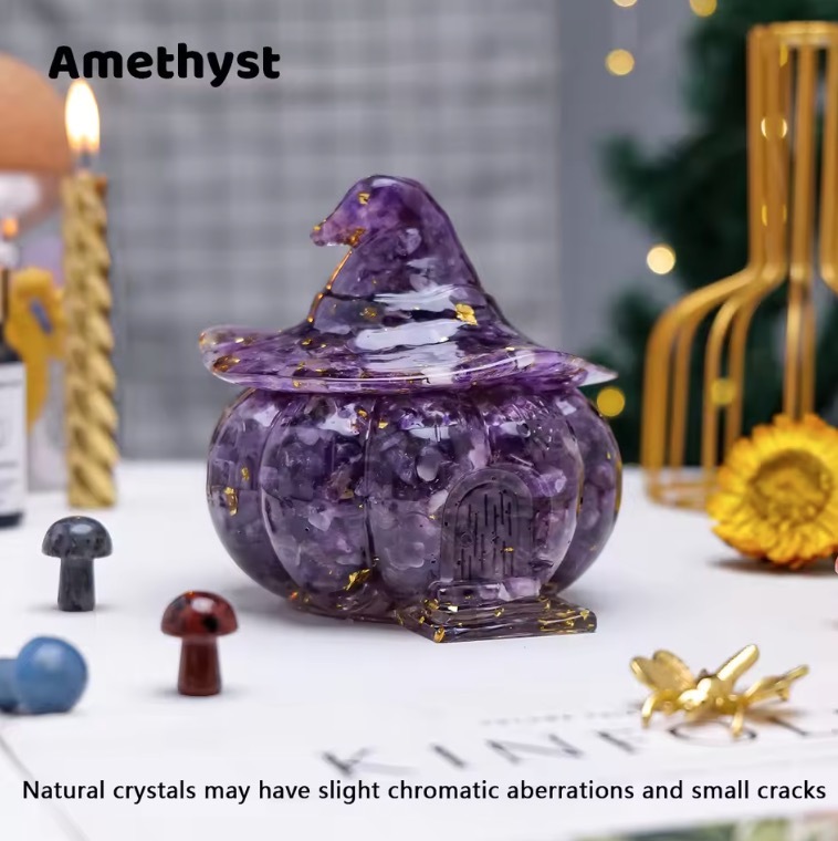 Natural Crystal Amethyst Gravel Gumming Resin Pumpkin Skull Hallowmas Decorative Gift Desktop Storage Household Supplies