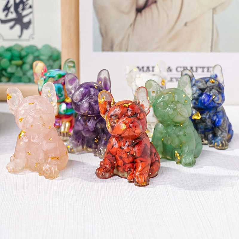 French Bulldog Resin Carving Nature Crystal Chips Unique Decoration For Home Officre Table Ornament Gift Cute Animal Dog