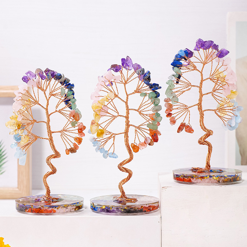 Natural Crystal Seven Chakras Macadam Tree Copper Wire Agate Slice Base Healing Gemstone Yoga Feng Shui Trees