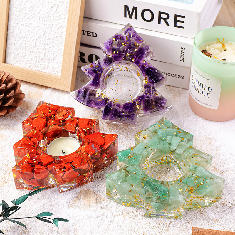 Natural Crystal Resin Macadam Christmas Trees Festive Tabletop Decoration Candlestick Candle Holder Crafts Home Decoration