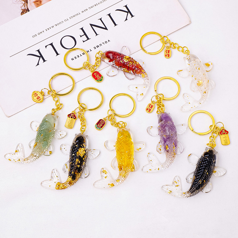 Natural Crystal Macadam Gumming Resin Cute Little Koi Fish Animal Shape Creative Design Keychain Household Supplies Decorate