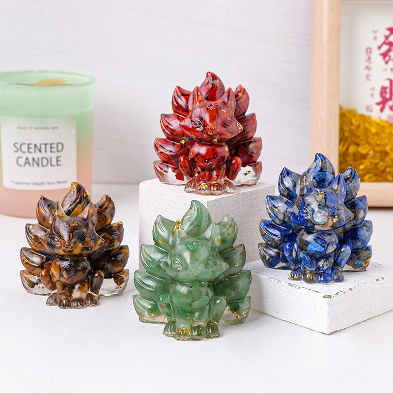 Natural Crystal Crushed Stone Epoxy Resin Nine Tailed Fox Meditation Gift Home Decor DIY Magic Witch Animal Image