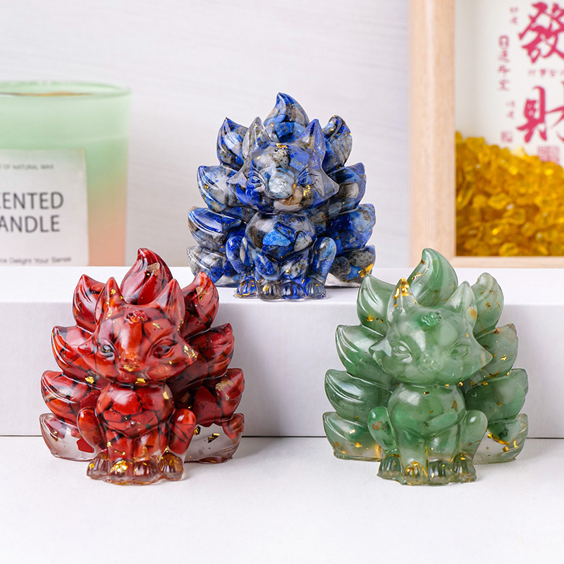 Natural Crystal Crushed Stone Epoxy Resin Nine Tailed Fox Meditation Gift Home Decor DIY Magic Witch Animal Image