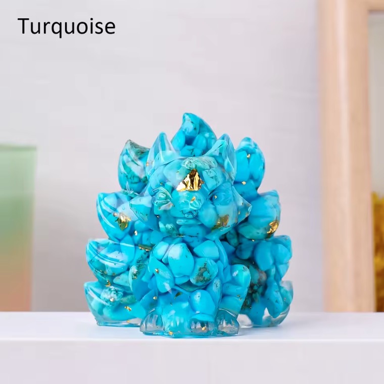 Natural Crystal Crushed Stone Epoxy Resin Nine Tailed Fox Meditation Gift Home Decor DIY Magic Witch Animal Image