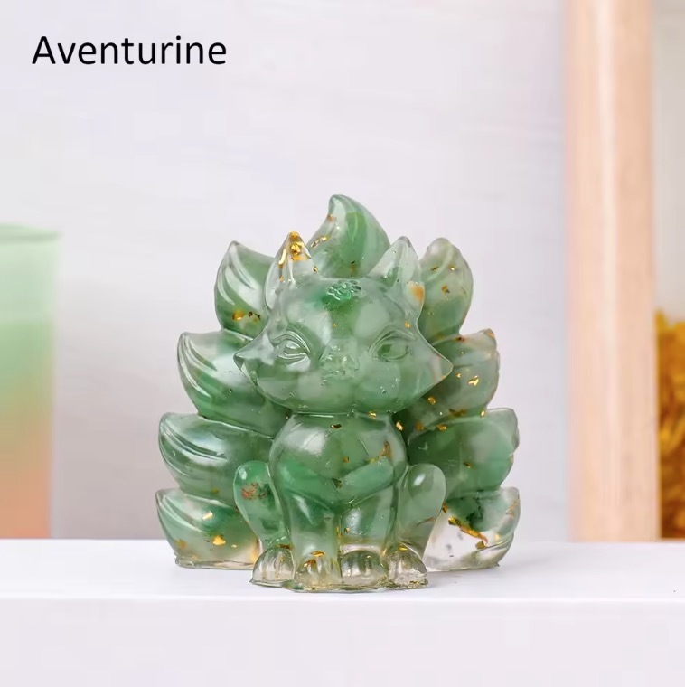 Natural Crystal Crushed Stone Epoxy Resin Nine Tailed Fox Meditation Gift Home Decor DIY Magic Witch Animal Image