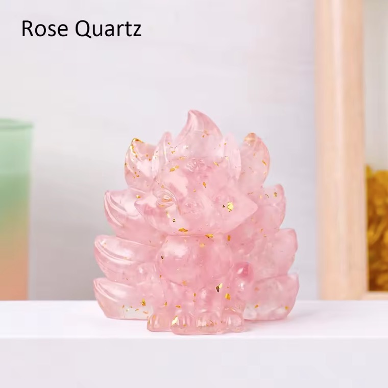 Natural Crystal Crushed Stone Epoxy Resin Nine Tailed Fox Meditation Gift Home Decor DIY Magic Witch Animal Image
