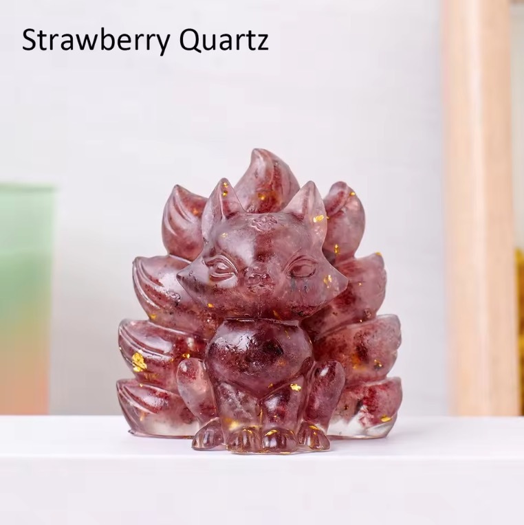 Natural Crystal Crushed Stone Epoxy Resin Nine Tailed Fox Meditation Gift Home Decor DIY Magic Witch Animal Image
