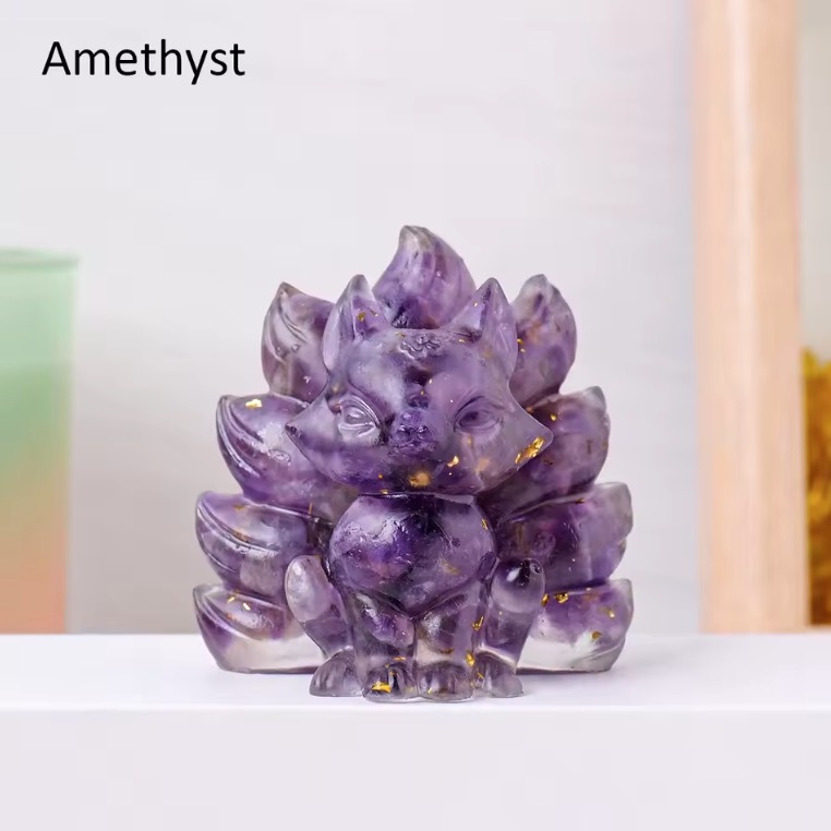 Natural Crystal Crushed Stone Epoxy Resin Nine Tailed Fox Meditation Gift Home Decor DIY Magic Witch Animal Image