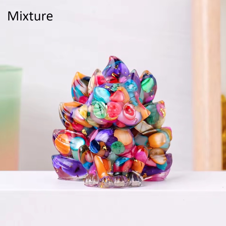 Natural Crystal Crushed Stone Epoxy Resin Nine Tailed Fox Meditation Gift Home Decor DIY Magic Witch Animal Image