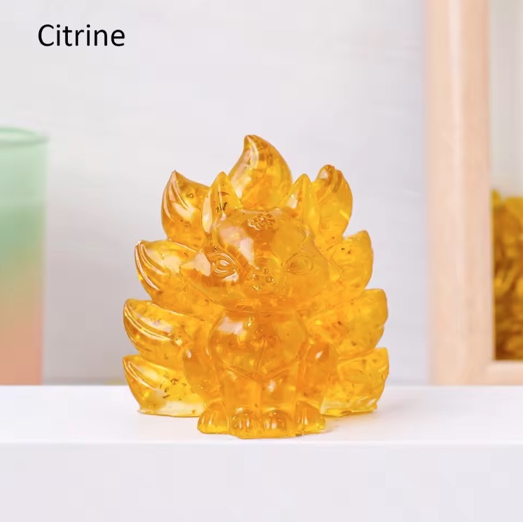 Natural Crystal Crushed Stone Epoxy Resin Nine Tailed Fox Meditation Gift Home Decor DIY Magic Witch Animal Image