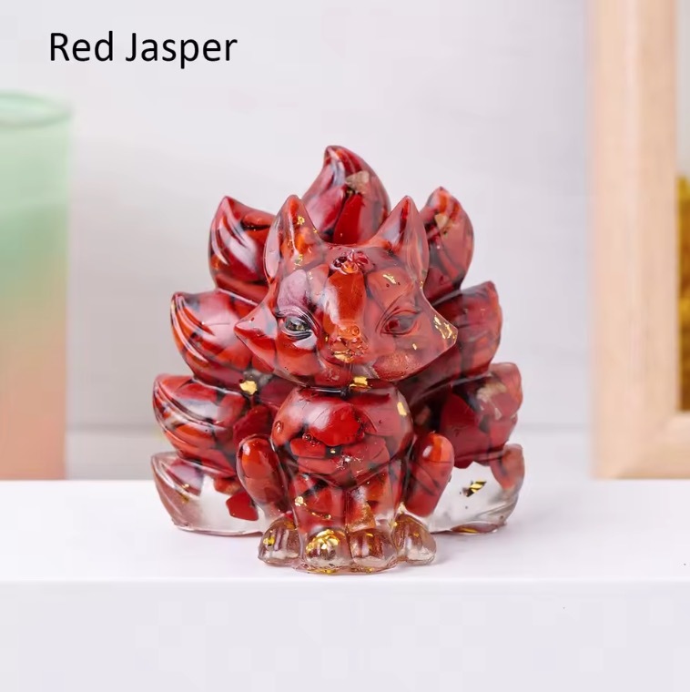 Natural Crystal Crushed Stone Epoxy Resin Nine Tailed Fox Meditation Gift Home Decor DIY Magic Witch Animal Image