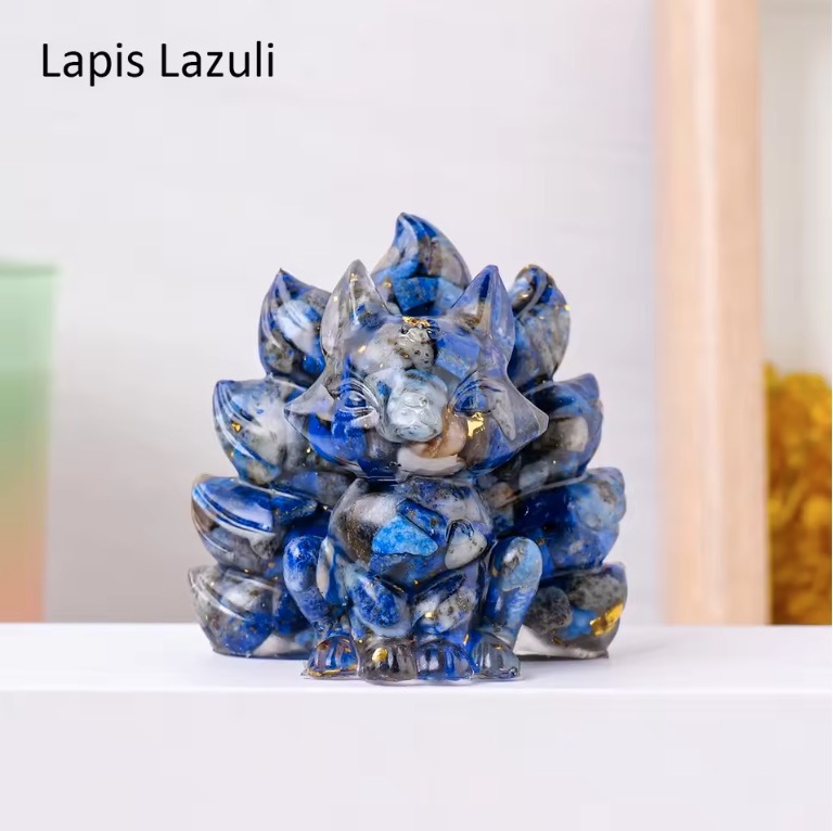 Natural Crystal Crushed Stone Epoxy Resin Nine Tailed Fox Meditation Gift Home Decor DIY Magic Witch Animal Image