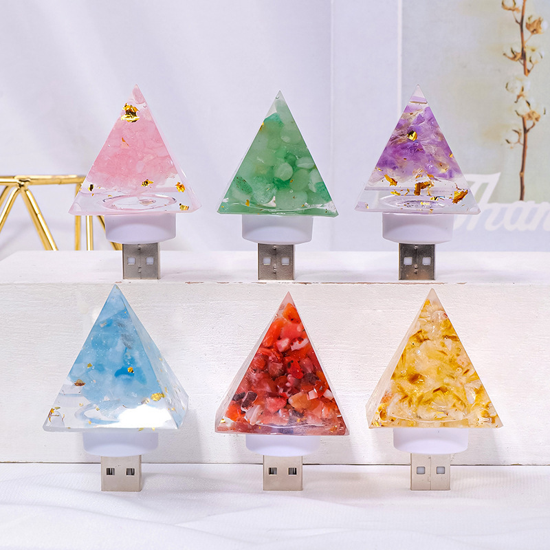 Natural Crystal Stone Pyramid Statue USB Night Light Reiki Orgone Pyramid Lamp Amulet Sculpture for Home Office Decoration