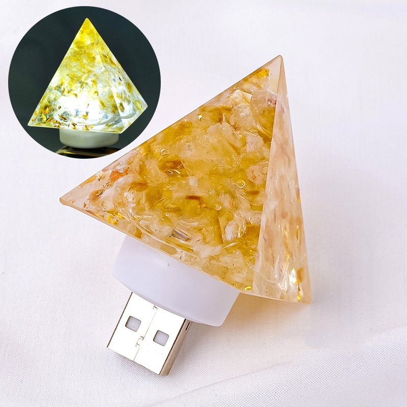 Natural Crystal Stone Pyramid Statue USB Night Light Reiki Orgone Pyramid Lamp Amulet Sculpture for Home Office Decoration