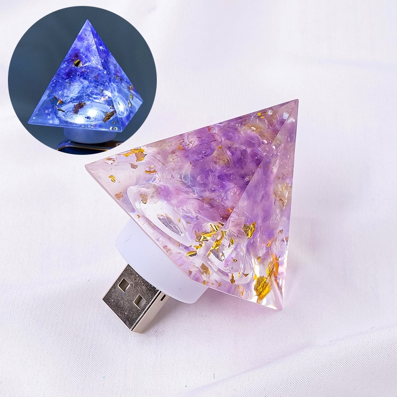Natural Crystal Stone Pyramid Statue USB Night Light Reiki Orgone Pyramid Lamp Amulet Sculpture for Home Office Decoration