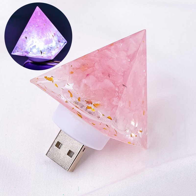 Natural Crystal Stone Pyramid Statue USB Night Light Reiki Orgone Pyramid Lamp Amulet Sculpture for Home Office Decoration