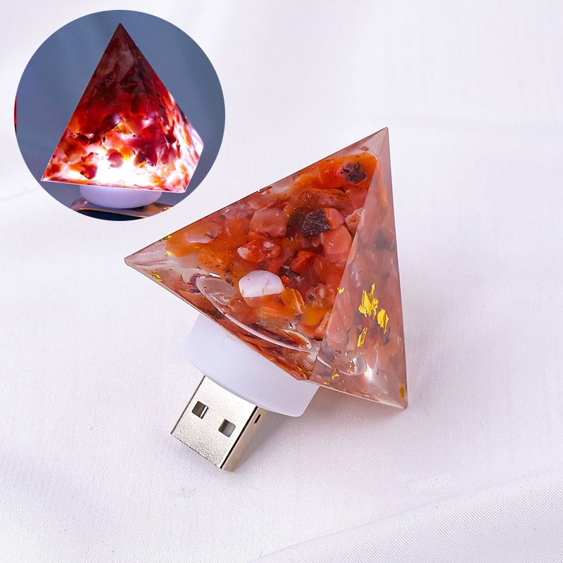Natural Crystal Stone Pyramid Statue USB Night Light Reiki Orgone Pyramid Lamp Amulet Sculpture for Home Office Decoration