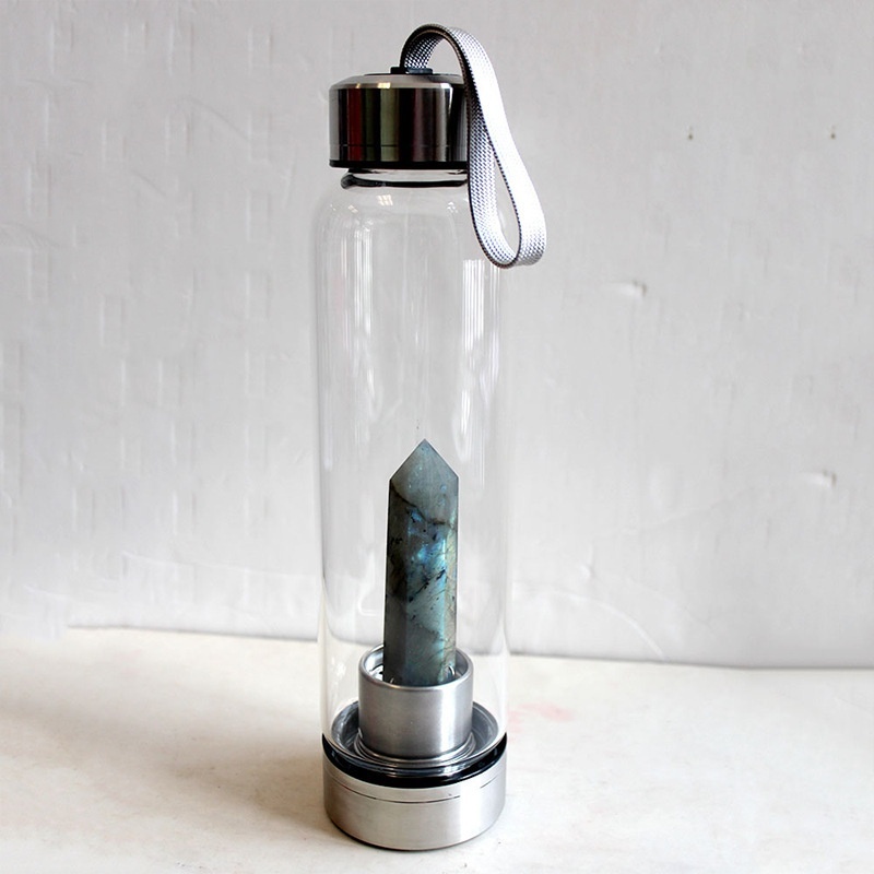 550ML Water Bottle Natural Crystal Stone Diamond Point Healing Obelisk Wand Elixir Quartz Crystal Gem Colors Water Bottle