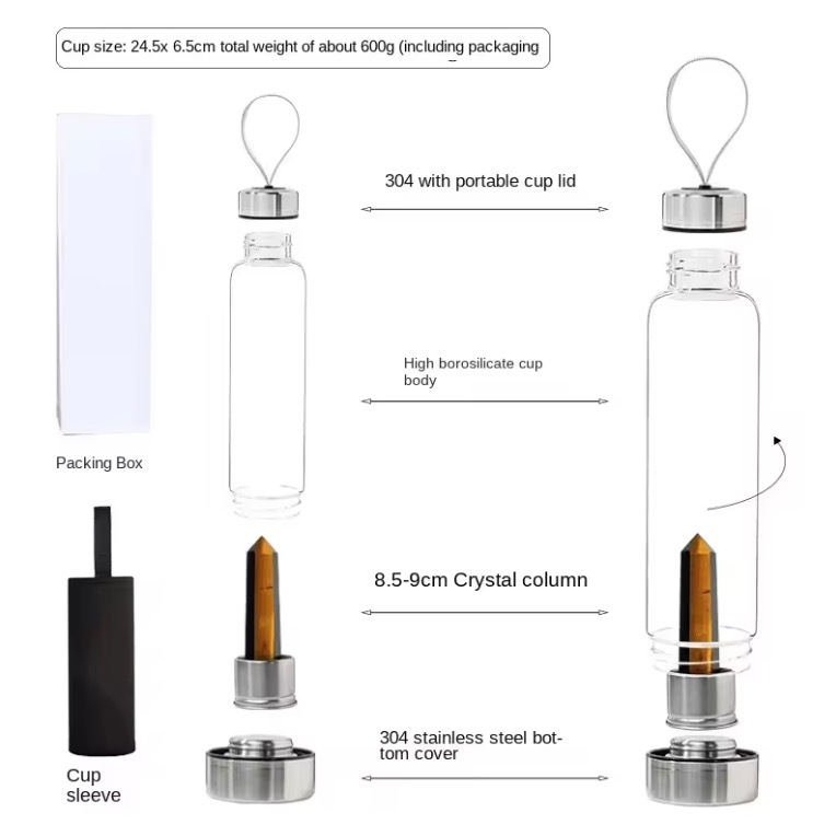 550ML Water Bottle Natural Crystal Stone Diamond Point Healing Obelisk Wand Elixir Quartz Crystal Gem Colors Water Bottle